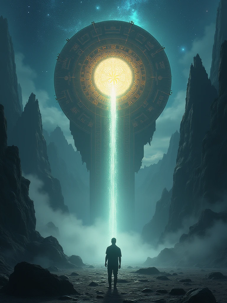 "Imaginez un paysage sombre et mystique, où des montagnes imposantes plongent dans une mer de brume. Un ciel nocturne étoilé domine la scène, mais les étoiles semblent former des motifs énigmatiques et sacrés. Au centre, une silhouette humaine, dos à la caméra, se tient devant un immense portail ancien et lumineux, flottant au-dessus du sol. Le portail est gravé de symboles anciens et énigmatiques, émettant une lumière douce mais puissante. Autour du personnage, des ombres fantomatiques et des formes floues, presque invisibles, suggèrent la présence d'entités ou de secrets cachés. L'ensemble de l'image doit évoquer à la fois mystère, transcendance, et une exploration des réalités cachées derrière le monde visible."
