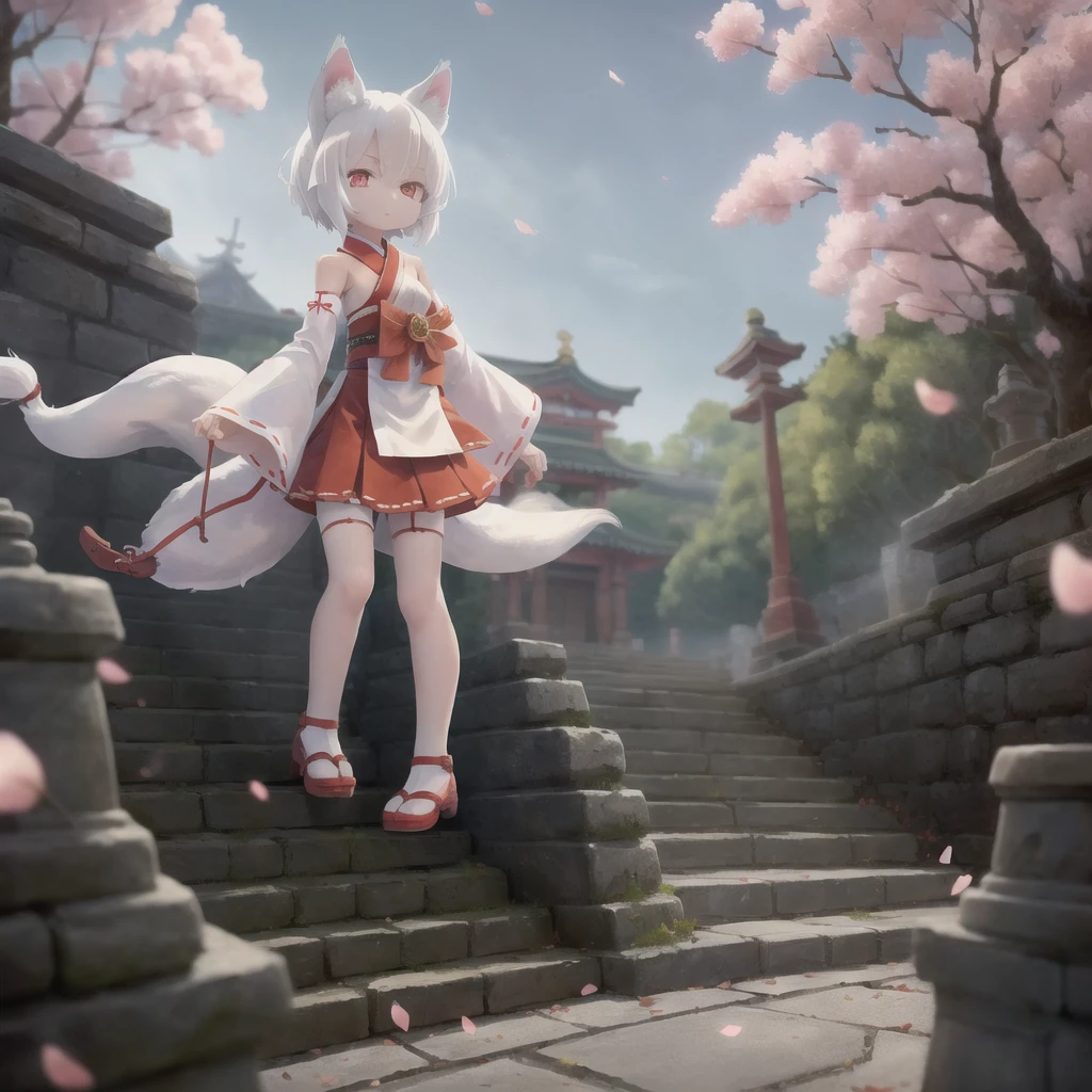 fox girl,
short hair,white hair,wolf ears,
red eyes,
expressionless,
detached sleeves,long sleeves,wide sleeves,white kimono,red hakama pleated miniskirt,tail,
BREAK
sun glare, bokeh, depth of field,light particles, strong wind,
sky,Shrine, stone stairs, falling cherry petals,