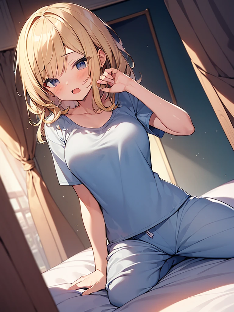 ((Masterpiece, best quality, high quality, very detailed CG uniform 8k wallpaper, very detailed, very detailed background)), detailed eyes, shiny hair, shiny skin, bright skin, (SFW), (1girl, 18 years old, blonde hair, blue eyes, big breast, sexy body, wearing pajamas), (expression of anger, hatred, cynical, cold gaze), (indoor, bedroom, sunlight through the window.)