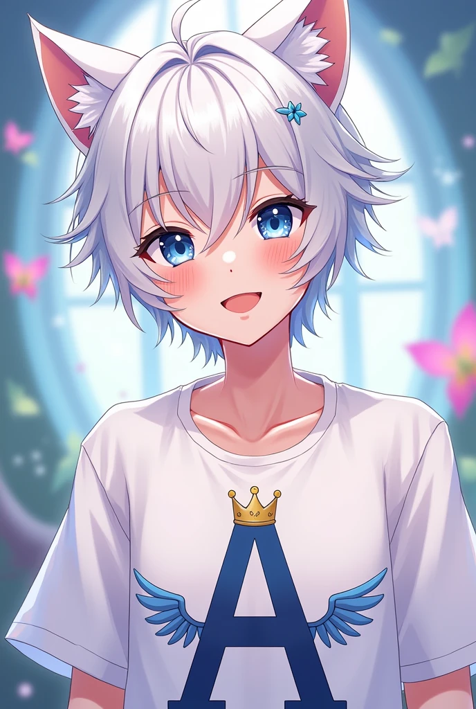 Make a male anime character with white hair, blue eyes, cat ears, smiling, wearing a white shirt with a letter A printed on it and a crown on top of the letter A and wings on the sides of the letter A.