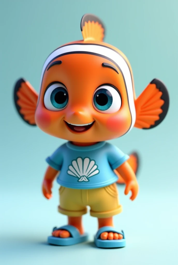 C4D model, chibi-style, humanoid fish inspired by Nemo from "Finding Nemo," designed as a cute child. The fish has vibrant orange and white striped skin with a round, chubby face and large, innocent blue eyes. It wears a playful blue shirt with a white shell pattern and tiny yellow shorts. The character has small, stubby fins and a tiny dorsal fin on its back. The humanoid fish also wears matching blue sandals and has a small, cheerful smile, capturing the essence of a young, adventurous Nemo.