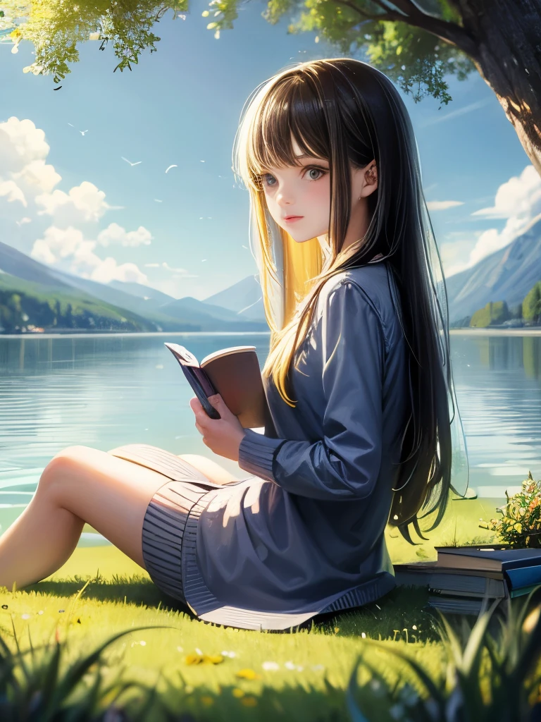 Girl reading a book by the lake,Beautiful Girl, Bright colors, spring, comfortable, Warm sunshine, Soft Effect, 