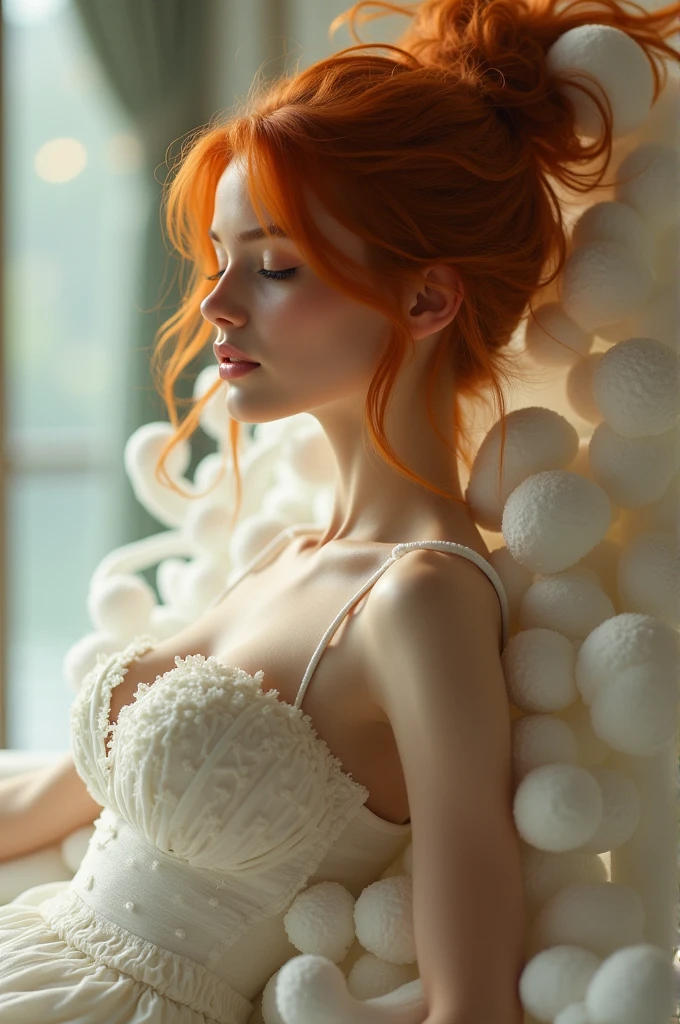 An attractive young woman with fair skin and red hair, long in bun, Cao Cao. She is covered in foam and eva, in a hotel with eyes closed and lips smiling. She wears a tight-fitting dress. Her body is curvy, fleshy lips, with wide hips and a thin waist