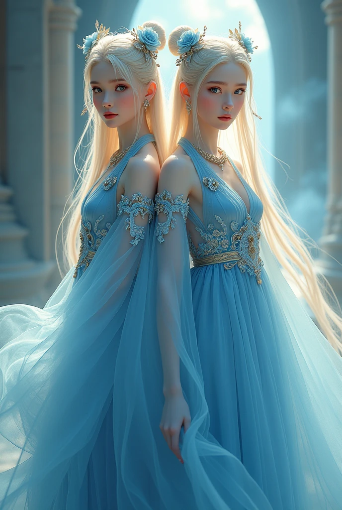 Girl twins , ((( blue dress))), flowers, jewelry, long sleeves, wide sleeves, chinese clothes, hanfu, embroidery, long skirt, long flowing blond hair, detailed face, detailed beautiful eyes, (intricate:1.3), (arcane aura:1.2), (dreamlike:1.3), (subtle mist:1.1),(vibrant colors:1.2), (detailed hair:1.3), (ultra realistic details:1.5),