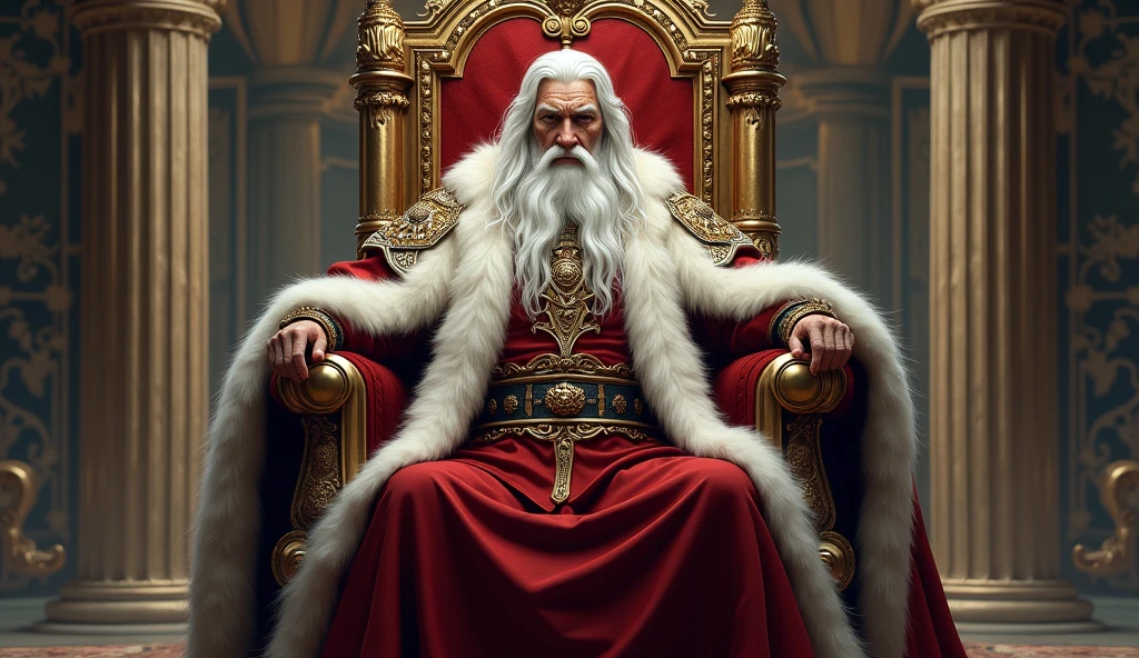 White haired king sitting on throne