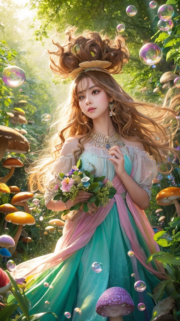 Nahida (masterpiece), (highest quality), (Super detailed),(Disheveled Hair),(figure), (One girl), Beautiful fine details,Delicate and beautiful face,floating,(High chroma),(Colorful splashes),Colorful Bubbles,(The Shining),Focus on the face, Walking through a forest filled with colorful mushrooms