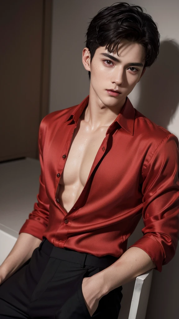 (absurdres, highres, ultra detailed, Ultra HD), a cute young man, (wearing a red colour silk shirt and black pants), red hair, short hairstyle, detailed face, perfect facial features, smooth skin, fair skin, white skin, pale skin, beautiful, gorgeous, wet, mature, perfect eyes, sexy gaze, looking at the viewers romantically, portrait,