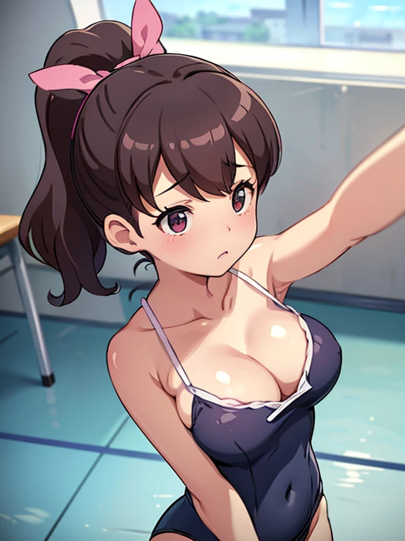 Shooting in the classroom,Show the whole body(Mastepiece,1, alone,,Primary school students) (Kodama Fumika)ponytail,Pink ribbon,Big Breasts,Cleavage,Cleavageを見せる,tits,Navy blue school swimsuit,Swimming water,Cleavage,Tear swimsuit