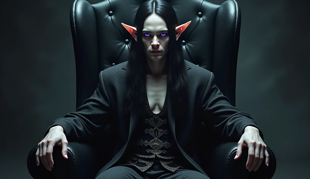 a fairy man with pointy ears, violet eyes, and long dark hair sits in a black chair