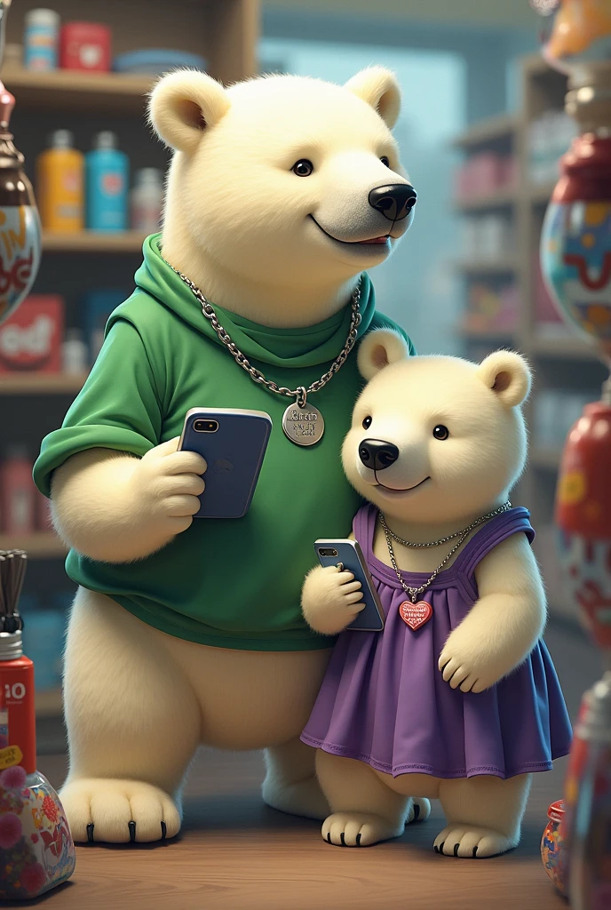 Large polar bear with silver chain, green shirt and a cell phone, Smallest polar bear with heart charm, purple dress and a cell phone taking orders for various items in a store