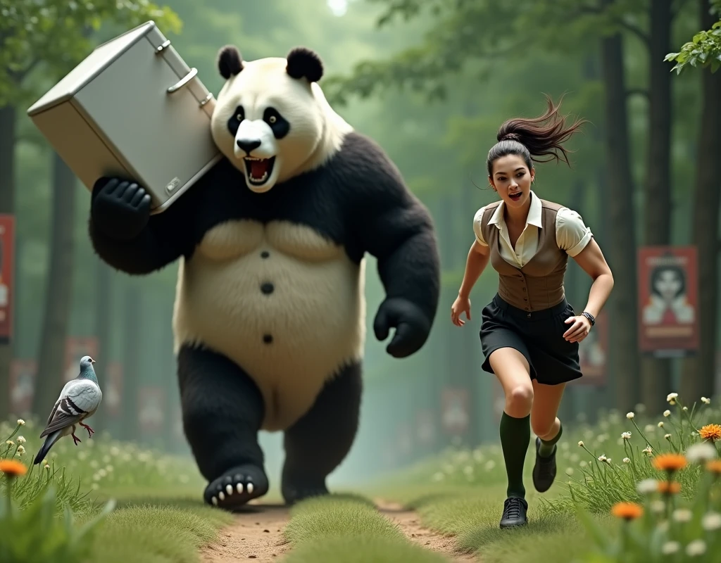((Giant panda holds up a refrigerator with both hands)), (Gray female pigeon), (short-sleeved shirt),(Angry Giant Panda), A giant panda chases after you, Gray female pigeonが全力で走って巨大パンダから逃げている, Gray female pigeonがオフホワイトで襟付きのshort-sleeved shirtに薄茶色のベストを着てひざ丈の黒いスカートに濃い緑の靴下と黒の靴を履いている, 筋肉質なGray female pigeon, The background is a grassy forest, ((horror movie posters)), Photorealistic images,