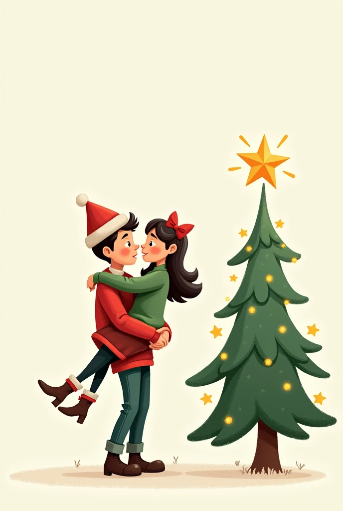 2d drawing A cartoon couple wearing Christmas clothes with a Christmas tree next to them. He is carrying the girl so that a star appears at the top of the Christmas tree. 2d drawing with outline