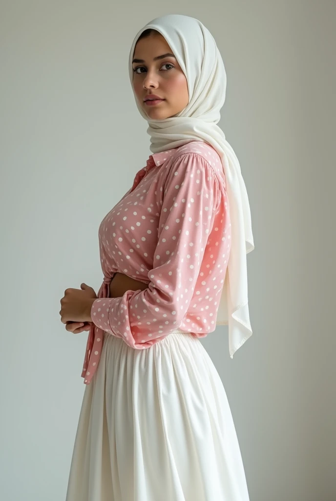 wearing a white hijab, wearing a pink shirt with white spots, wearing long a white skirt,full body ,,big tits,sexy pose,,open clothes ,no bra