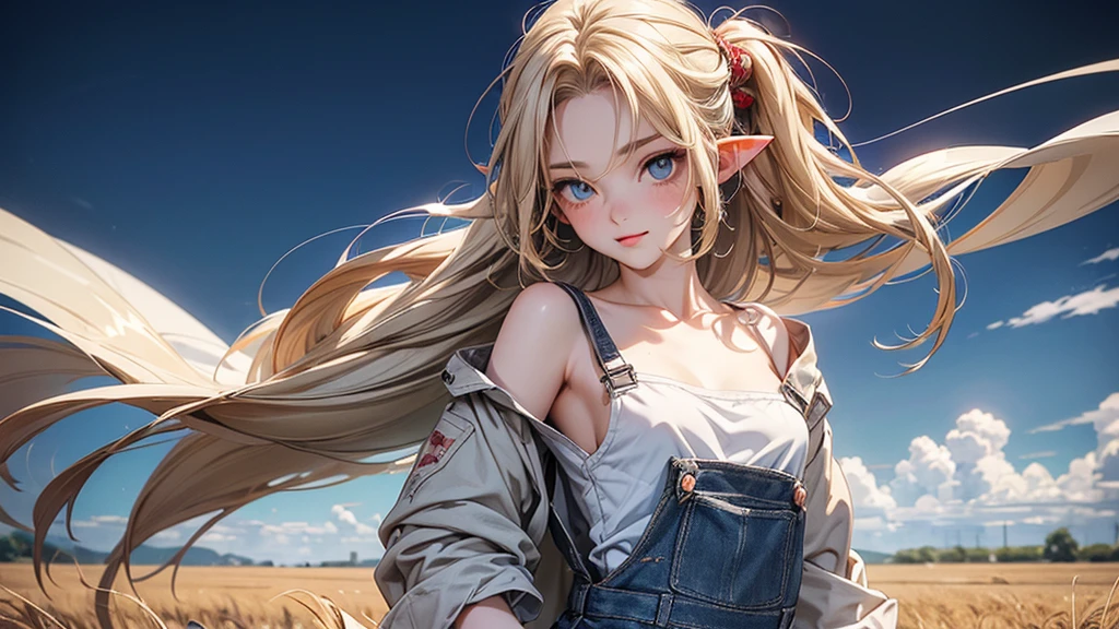 ((Masterpiece)), (Anime:1.5), ((best quality)), (RAW photo:1.2), (High Definition:1.3), (Professional Photography:1.2), (), (1girl), cute young girl, BREAK, (naughty face:1.3), (Beautiful daiamond eyes:1.5), (pale skin), elf girl, wearing Gray Workwear Coveralls, flat chest, slender waist, BREAK, (hair over eyes:1.2), Silky unruly hair, medium hair, ((blond hair)), wearing Gray Workwear Coveralls, (in a wheat field among agricultural machinery), (low-cut neckline), ((open clothing in the chest area)), (flag of Ukraine on the background in the field)