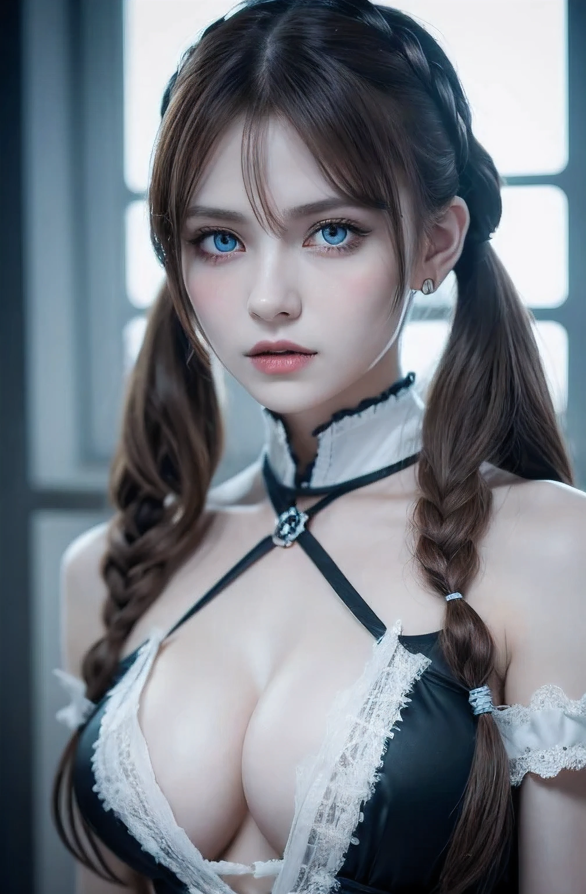 A Spartan vampire woman stands tall against a stark white backdrop, her tattered and ripped shirt hanging in shreds around her statuesque frame. Porcelain-like cracked skin stretches across her pale complexion, illuminated by dramatic darkness. Her eyes gleam with an otherworldly intensity as she gazes directly into the camera, her sharp features frozen in a haunting pose against the vivid 8K resolution. Stunning close-up portrait of a breathtaking young woman with colossal breasts and piercing blue eyes, surrounded by whimsical twintails blonde hair styled in Ainu-inspired traditional attire merged with Gothic ta fashion. She poses mid- flight, illuminated by soft cinematic lighting, her décolletage the focal point.