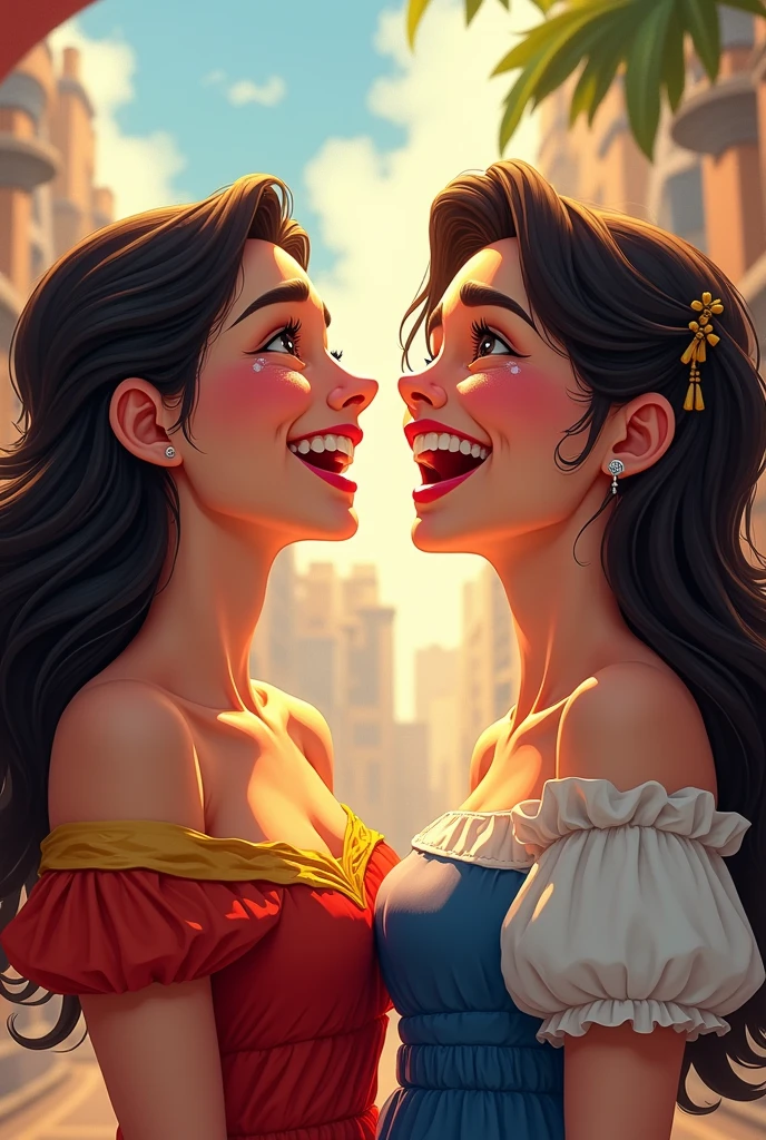 Personified Spain and great Britain empires, as two females crying tears of joy, in cartoon style