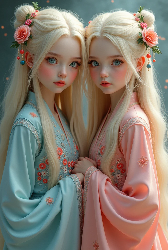 Girl twins , ((( pink dress))), flowers, jewelry, long sleeves, wide sleeves, chinese clothes, hanfu, embroidery, long skirt, long flowing blond hair, detailed face, detailed beautiful eyes, (intricate:1.3), (arcane aura:1.2), (dreamlike:1.3), (subtle mist:1.1),(vibrant colors:1.2), (detailed hair:1.3), (ultra realistic details:1.5),