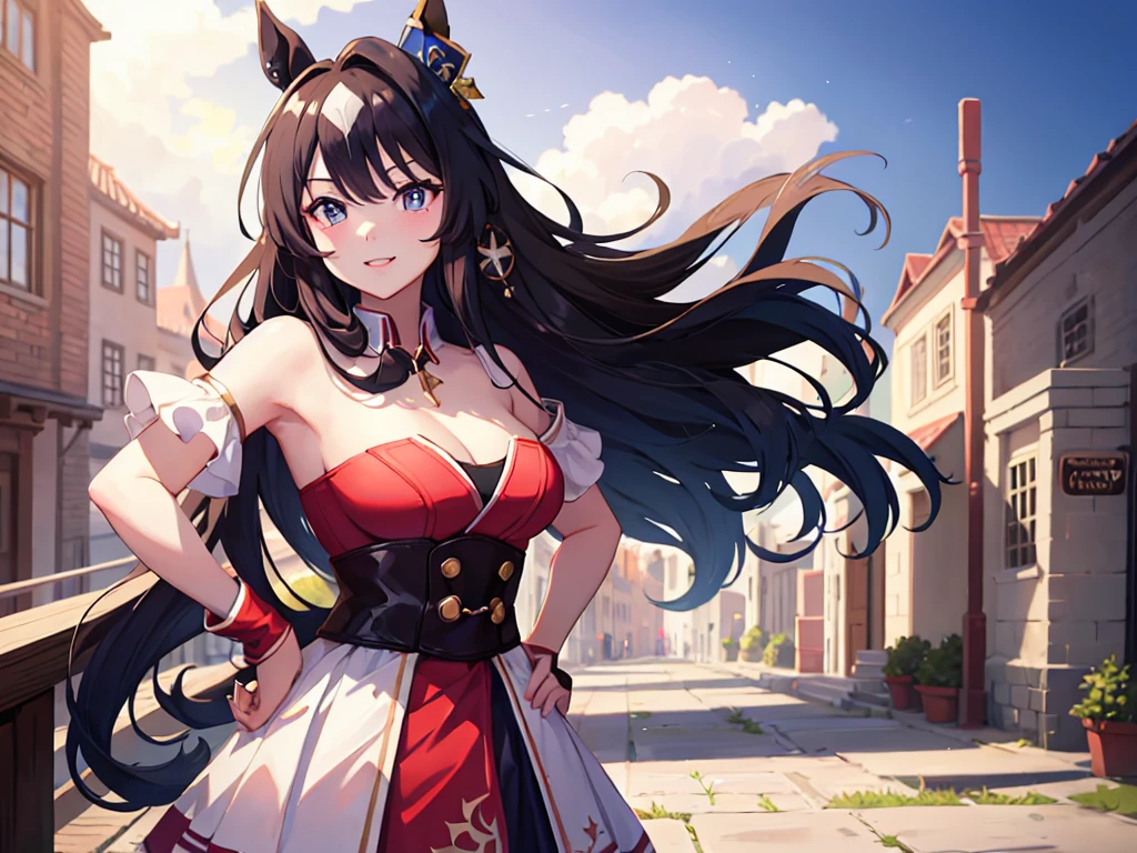 Masterpiece, high quality, 8k, HDR、Portrait。solo、1people。Horse ear beauty、smile、looking at the camera。Brown Eyes、Pink Lipstick、Beautiful breasts。Red glasses、Shoulder less、blue plain clothes。Hands on hips。Night starry sky、Brick Road。