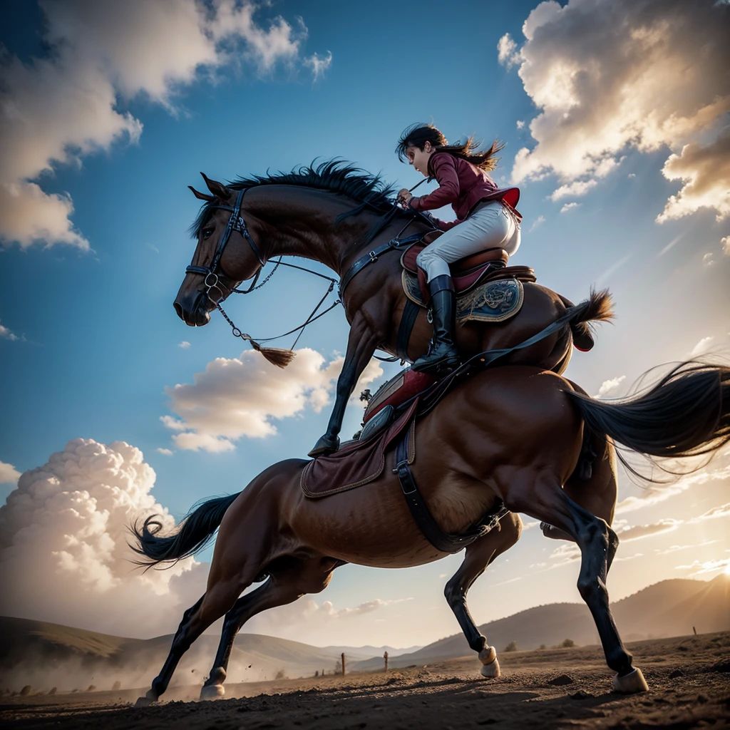 a prince running away from a giant, riding on a horse