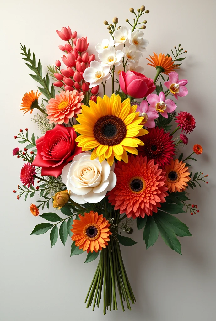 A bouquet with red carnations, white lisianthus, Sunflowers, white camellias, red roses, orange dahlias, red tulips and orchids