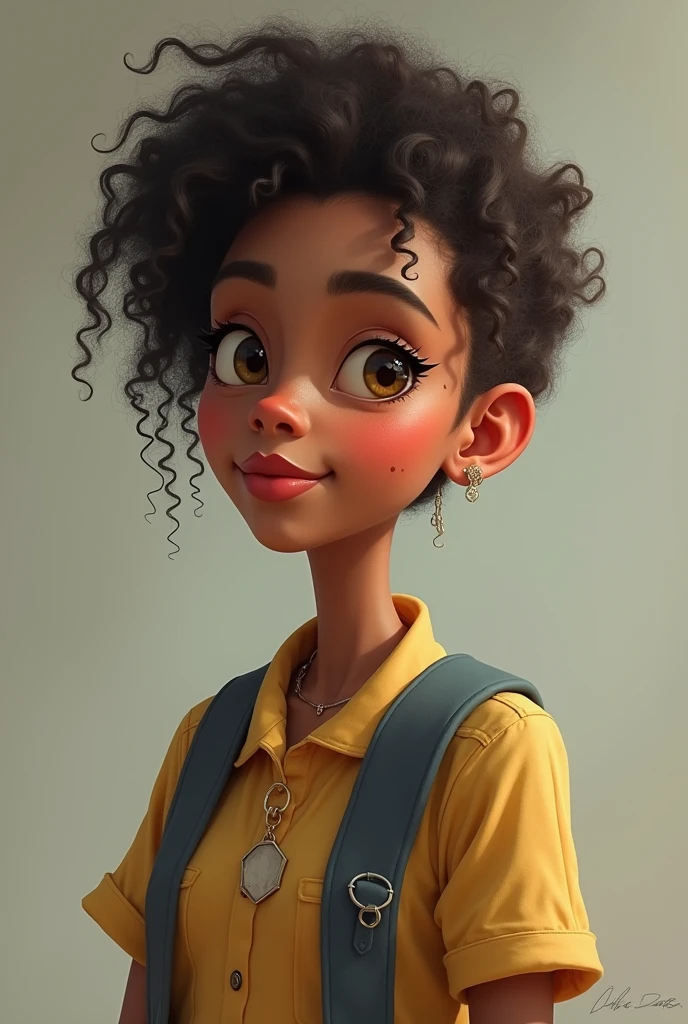 With glass, light voloured mole in the right cheek near the nose who has small lips which is big in the down and smaller in the up lips, oval shape slim with good outfit with curly hair