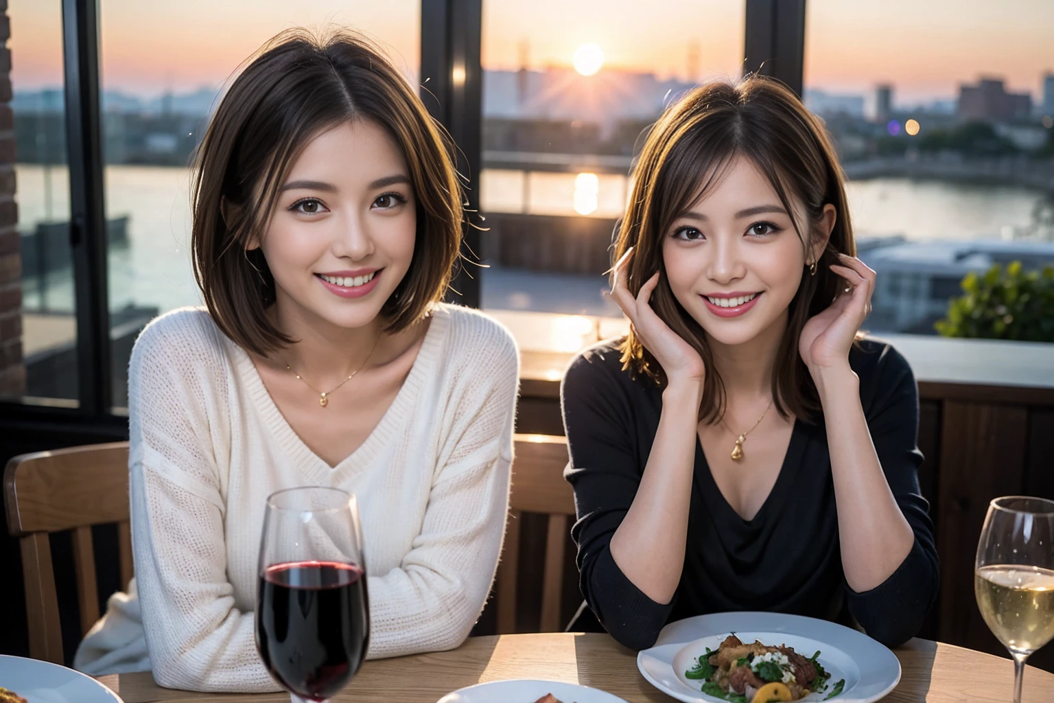 （Realistic:1.1）,(masterpiece,Highest quality)，8k,(4), 5, ベリーslimボディ、slimカップル、Tight waist,Upper Body,full-course dinner、wine 、Amazing view of the sunset sky and clouds、Perfect Anatomy, Brown Hair, short hair,Random Hairstyles,((Highly detailed face and eyes:1.2))，Perfect golden ratio face，Long sleeve shirt、dress,(smile:1.2)、Shortcuts、cute、(Realistic, Intricate details:1.2), A bright smile、short hair,Bright Face、赤wine 、Appetizers、Italian food、wine bottle、Champagne、スパークリングwine、(slimな顔), (The body is slim), (Brown Hair), (Shortcuts),  Upper Body, 白wine, slim, wineグラス, 