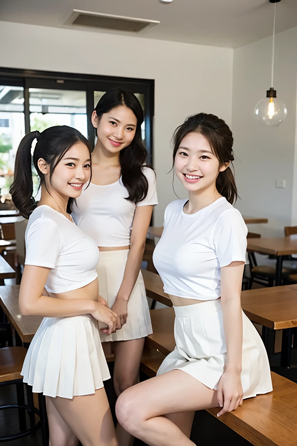 girls working in cafe, white plain t-shirt with white pleated skirt,a little smiles,thighs,knees,crotch,low ponytail,from below, many people