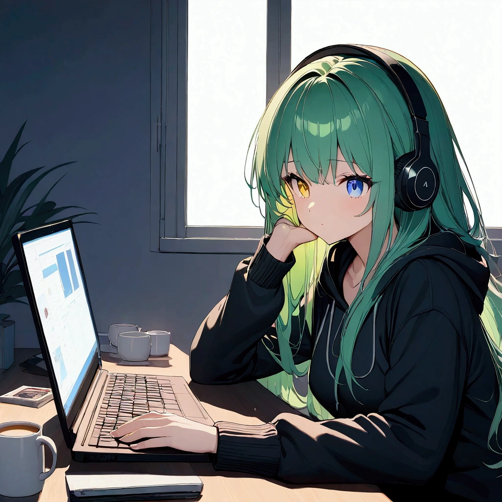 (((anime))) One Woman,I am using the computer on my desk,Hands on the keyboard,Long Hair,(Green Hair),Bangs parted in the center,Headphones,Heterochromia iridis,((blue eyes)),Yellow Eyes,Big Eyes,Looking at a laptop. Black hoodie., Coffee cup on a desk in a dark room,Backlit by a computer,Backlight,masterpiece,Highest quality,Exquisite,8k,Absurd,Ultra-fine illustrations