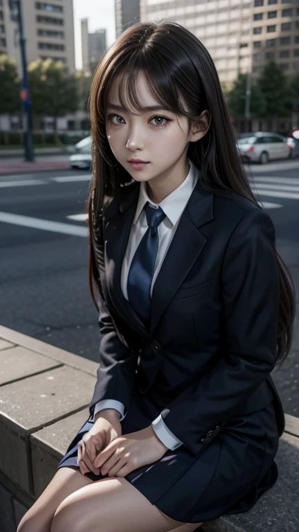 A woman in a dark blue skirt suit and red tie sitting on a curb in front of a high rise building, a hyperRealistic school girl, hyperRealistic school girl, Realistic school girl, Girl in suit, Photorealistic Animation, Photorealistic Animation girl render, Girl in suit, Ultra realistic anime, Real life anime girls, Realistic Anime 3D Style, Wearing a strict business suit