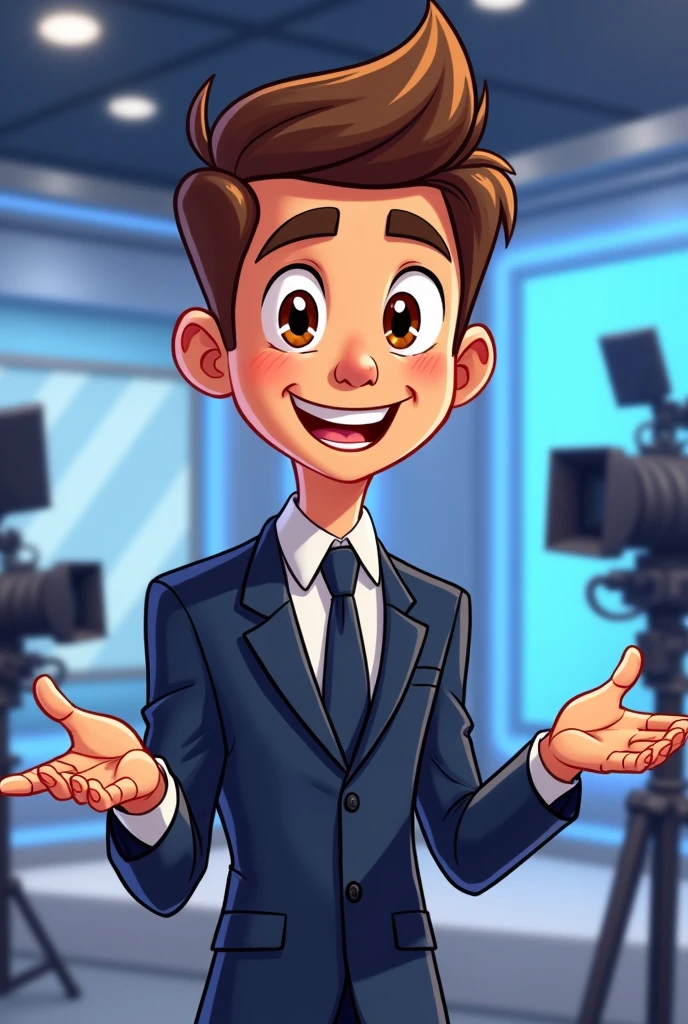 Give me 20 cartoon images of an authentic young man wearing a suit on a television news program
