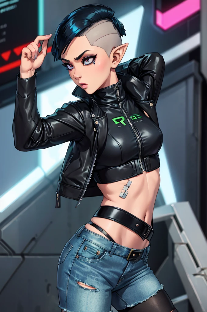 Shadrowrun girls, cyberpunk style, sexy elf girl, torn tights, short denim shorts, black leather jacket, cyber implants, shaved hair, undercut hairstyle, undercut hair