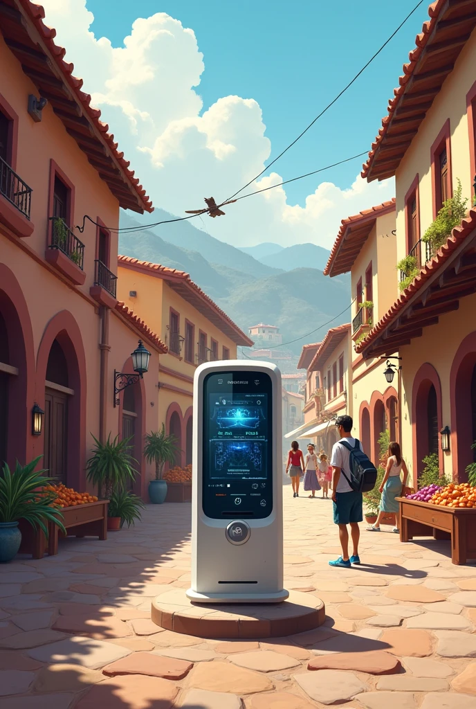create an illustration of a technology with risk and security tool for tourists in traditional society