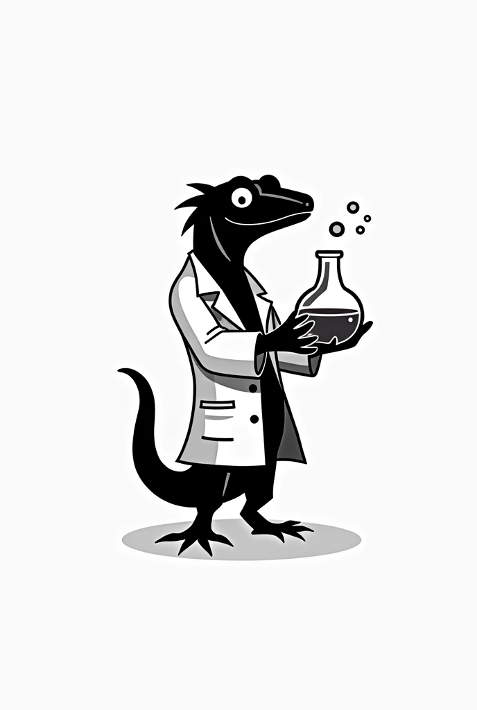 black and white logo of a salamander wearing a chemist jacket and holding a scientist flask
