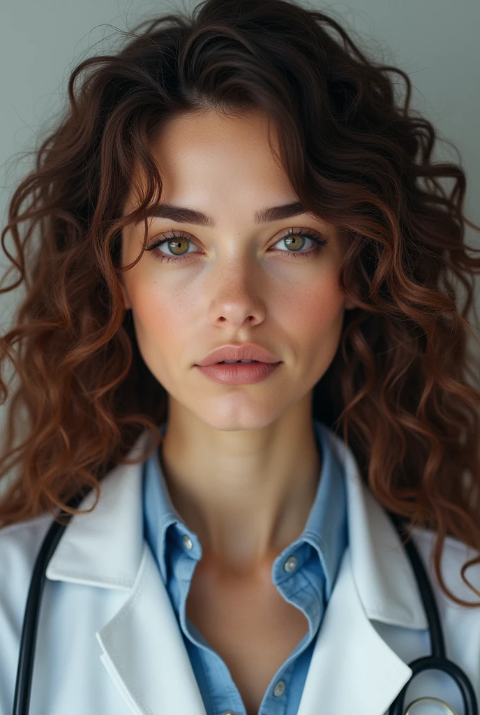 A female doctor with long brown curly hair, White skin, slanted eyes, big mouth
