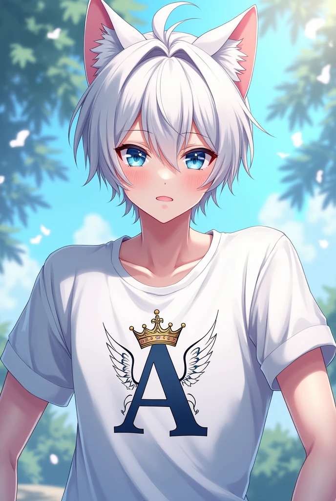 Make an anime character man with white hair blue eyes cat ears smiling with a white shirt with a printed letter A and a crown on top of the letter A and wings on the sides of the letter A 