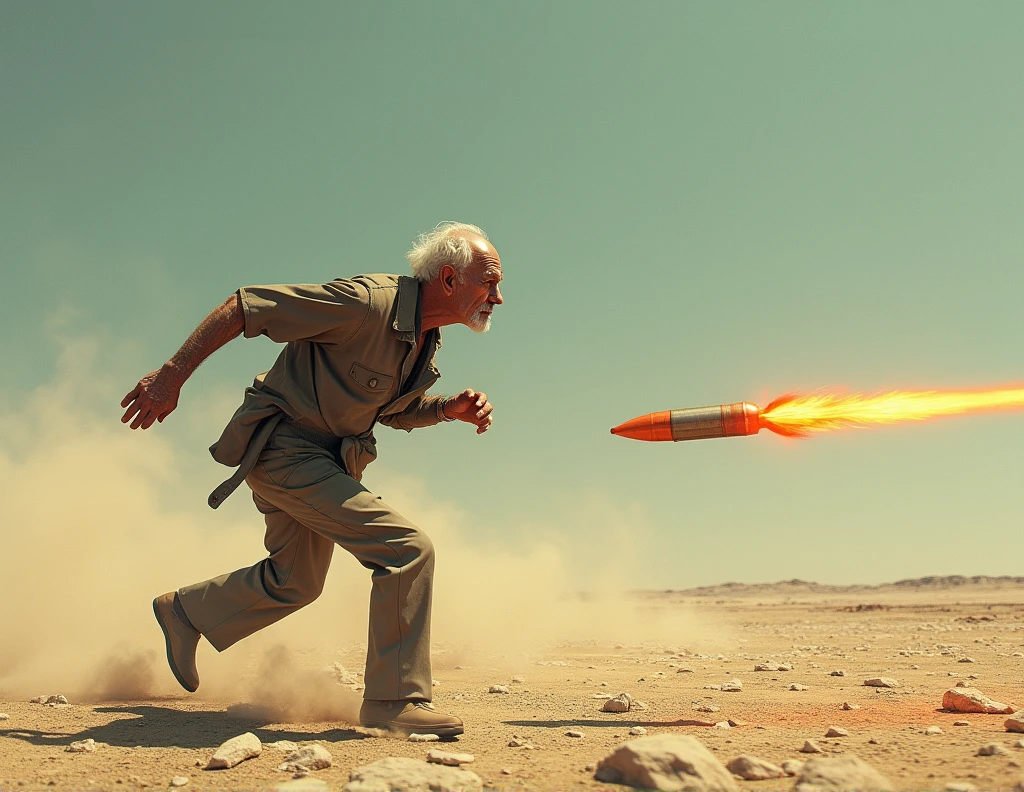 a slow old man with a hunchback chasing a bullet that runs at the speed of light