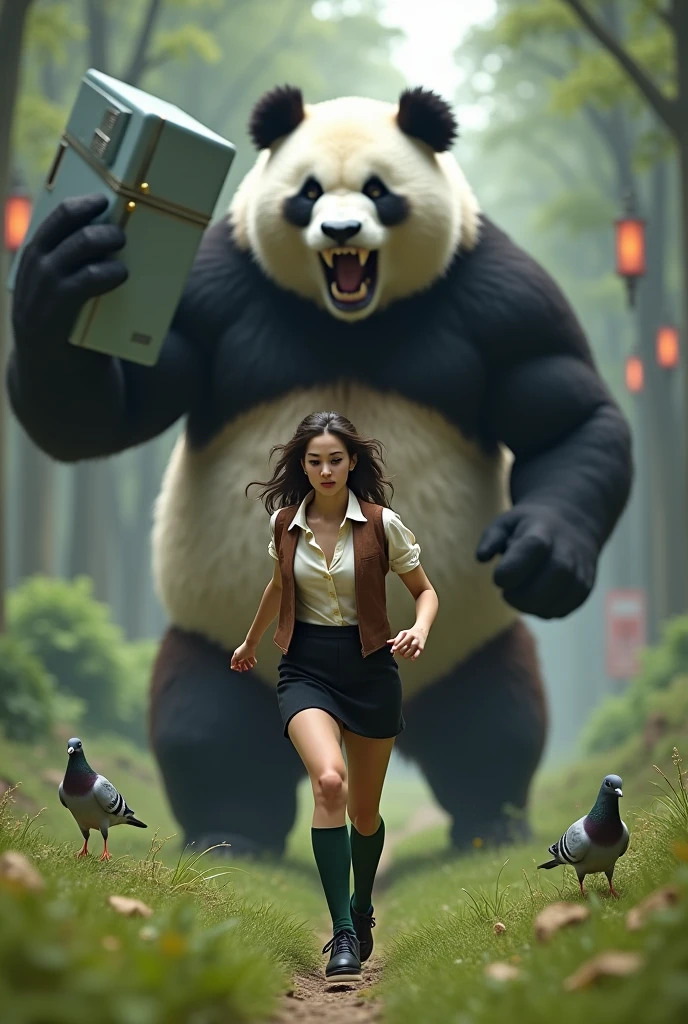 ((Giant panda holds up a refrigerator with both hands)), (Gray female pigeon), (short-sleeved shirt),(Angry Giant Panda), A giant panda chases after you, Gray female pigeonが全力で走って巨大パンダから逃げている, Gray female pigeonがオフホワイトで襟付きのshort-sleeved shirtに薄茶色のベストを着てひざ丈の黒いスカートに濃い緑の靴下と黒の靴を履いている, 筋肉質なGray female pigeon, The background is a grassy forest, ((horror movie posters)), Photorealistic images,