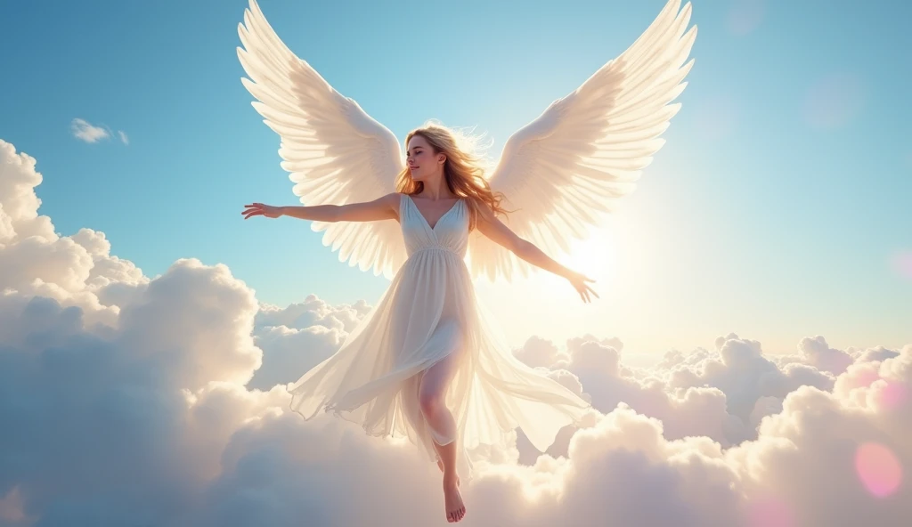 A beautiful angel with pure white wings gracefully dancing atop soft clouds. The angel has long, flowing blonde hair and wears a sheer white dress, her skin glowing under the gentle sunlight. Rainbow-colored light filters around her, creating a heavenly, dreamlike atmosphere. The background features a bright blue sky with soft pink clouds, evoking a sense of relaxation and serenity. Aim for realistic depiction, make sure photos are at highest resolution (8K)