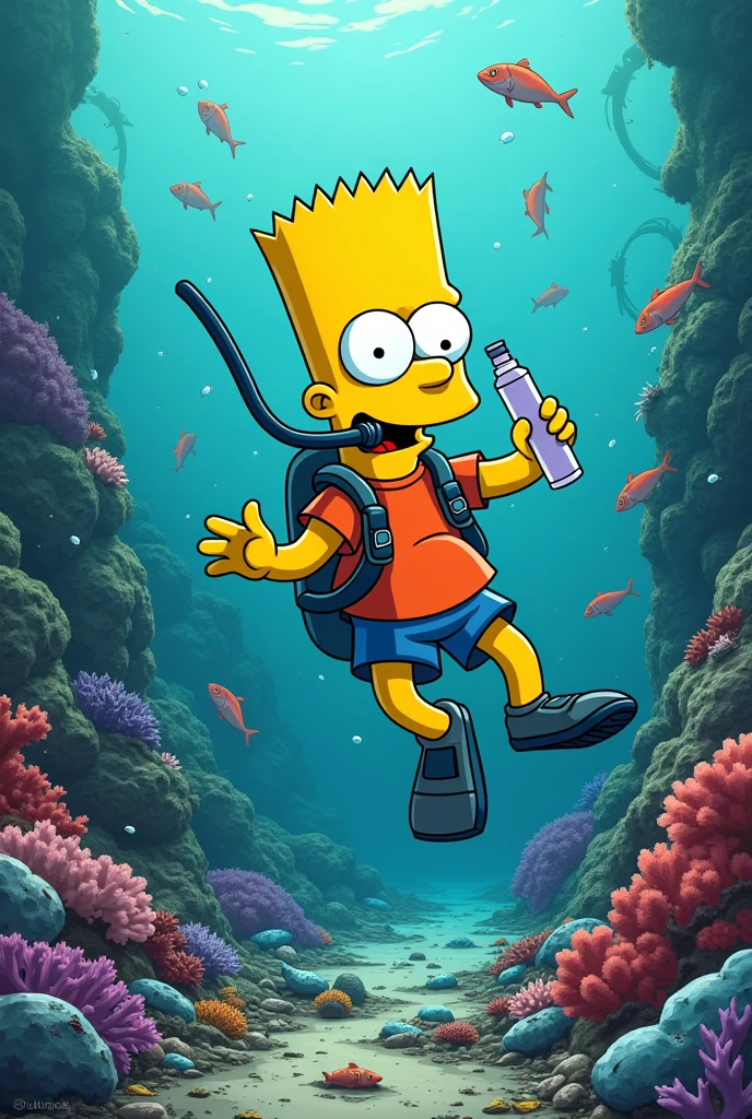 a simpsons style image in portrait ratio of bart Simpson scuba diving in the sea surrounded by plastic bottles and rubbish and dead fish floating around and the coral is white in colour