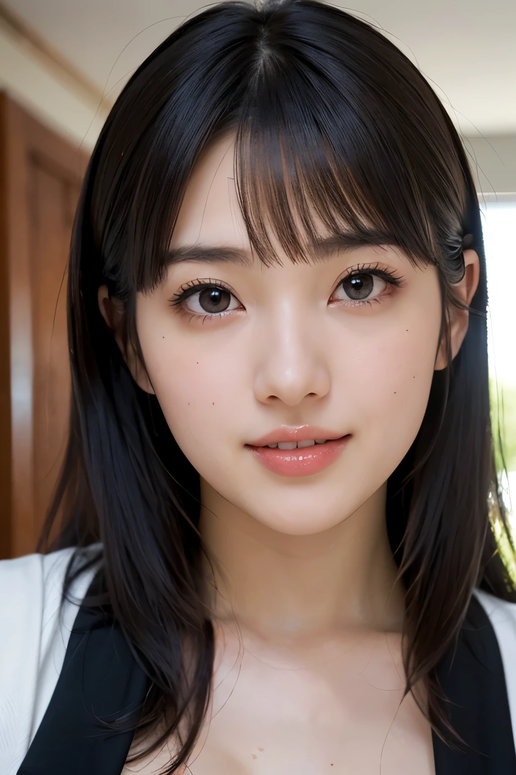 (超High resolution,4K,Very detailed, photograph, 8k, High resolution, High resolution, Absurd:1.2),Japanese woman in her 20s,(Long black hair,Blunt bangs),Beautiful character design,Beautifully detailed eye depiction,Perfect Face,Expressive eyes,Brown eyes,Natural smile,Ladies Suits,(Huge breasts:1.2),At the office,Daytime