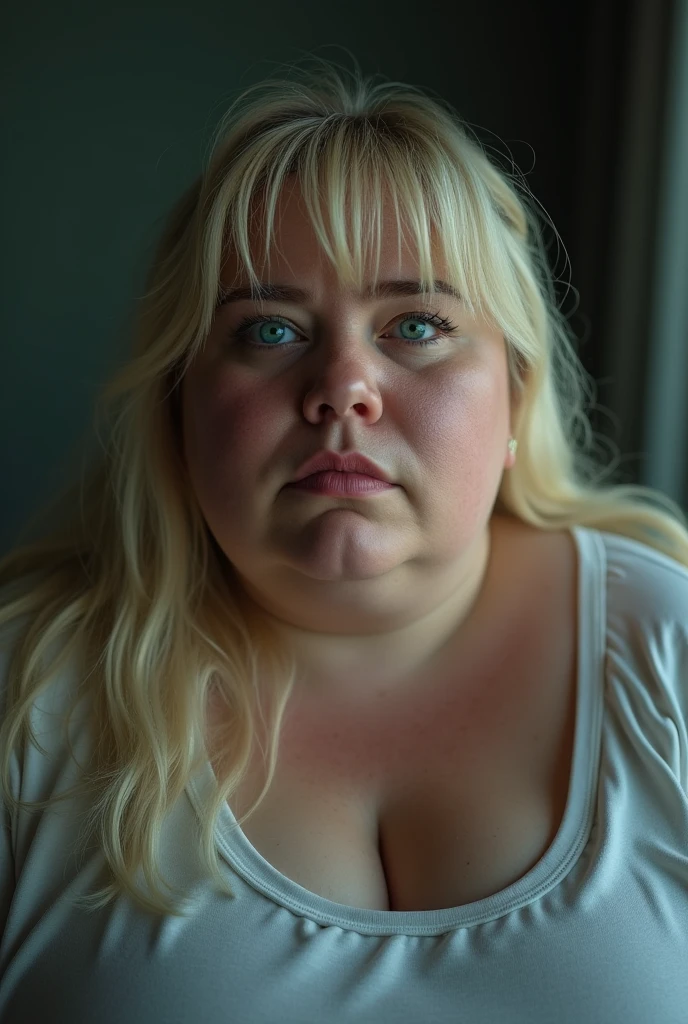 A woman with grade III morbid obesity, blonde hair, hair over shoulder, parted bangs, crying with eyes open, aqua eyes, tears, sigh, tearing up, gloom (expression), Social realism, Realism, Expressionism, depth of field, cinematic lighting, sparkle, image fill, social media composition, symmetry, multiple views, close-up, accurate, super detail, best quality, 4K