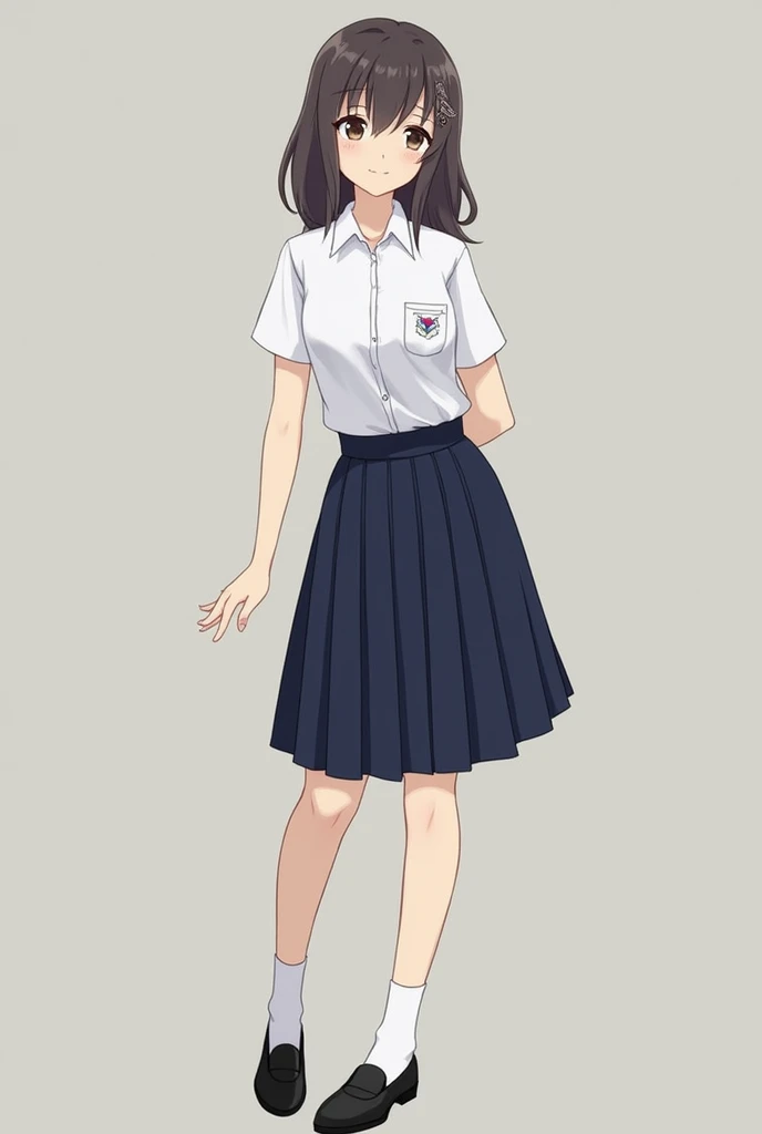 The school uniform for girls at Chonlathornwitthaya High School may look like this::
**shirt:**
- shirtเชิ้ตสีขาวแขนสั้น คอปก เนื้อผ้าบางเบาและโปร่งสบาย เหมาะสำหรับสภาพอากาศร้อน
- กระดุมสีขาวเรียงตามแนวกลางshirt
- สาบshirtสามารถมีตราสัญลักษณ์โรงเรียนปักที่หน้าอกด้านซ้าย
**skirt:**
- skirtพลีตสีกรมท่าหรือสีน้ำเงินเข้ม ความยาวประมาณเข่าหรือเหนือเข่าเล็กน้อย
- มีเข็มขัดสีดำหรือสีน้ำเงินเข้มเพื่อรัดเอว
**shoe:**
- shoeนักเรียนสีดำ คัชชูทรงเรียบง่าย
- ถุงเท้าสีขาวยาวถึงข้อเท้า
**decorations:**
- เข็มกลัดตราสัญลักษณ์โรงเรียนติดที่คอshirtด้านซ้าย
- หากเป็นนักเรียนระดับสูง อาจมีสายคาดเอวหรือโบว์สีประจำชั้นเรียนติดที่คอshirt
**Hair style:**
- Female students may have to tie their hair neatly or braid it if it is long. - Use black or dark blue ribbons to tie or tie the hair. This uniform is designed to look neat, polite and reflects the orderliness of female students in the school.