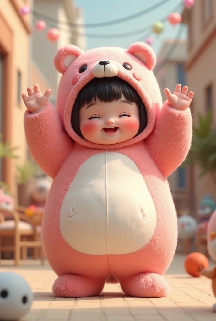 (girl),(()) ,3d images ,Highest quality 8K ,Chubby body shape,((Very fat)),Pink cheeks,podgy,Good mood, very happy,Gym is good,((Raise your hands to salute)),Put on a stuffed animal costume,Balanced lighting,blurred background,Middle of the picture