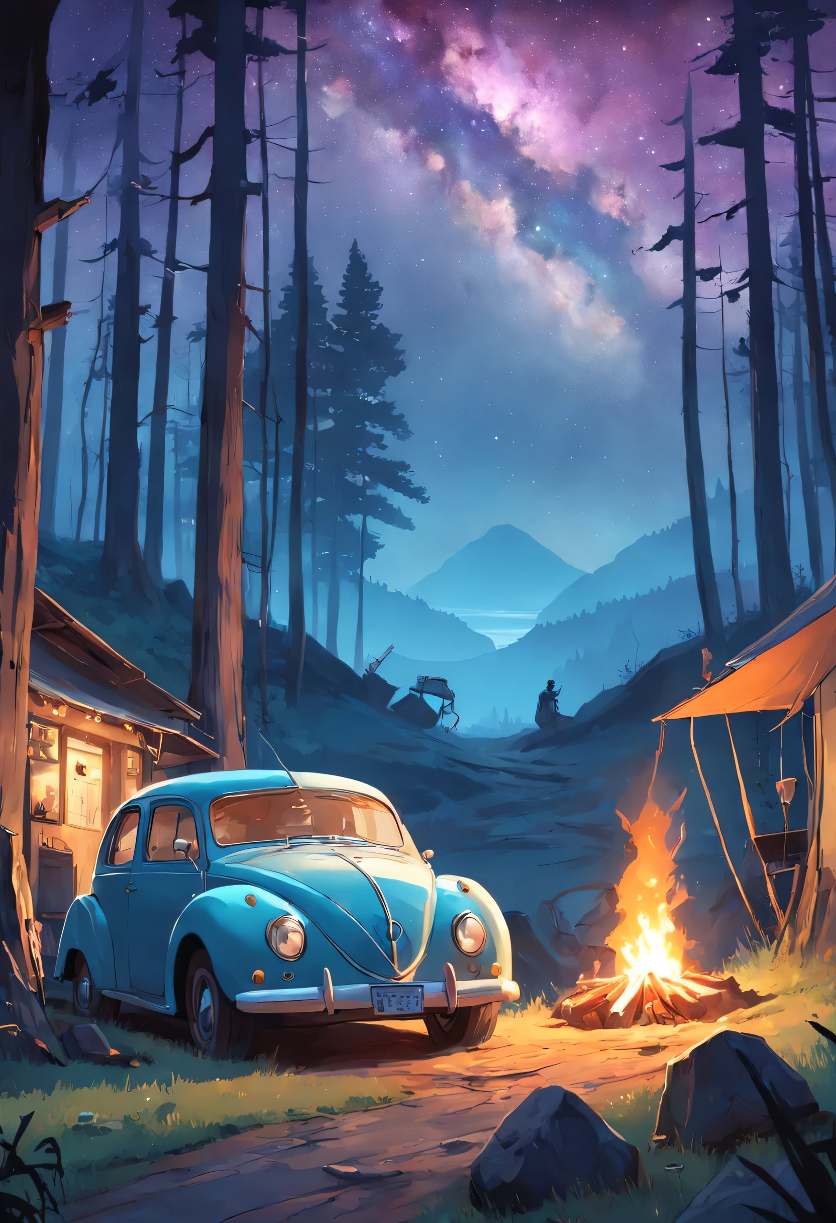 Craft a compelling short story that revolves around an old model car parked amidst the rolling hills, with a lone man setting up camp nearby. The car, weathered by time, hints at stories of past journeys and adventures. Describe the man's actions as he unfolds a weathered map, starts a crackling campfire, and gazes at the starlit sky. Weave in details about the surrounding landscape, the scent of pine trees, and the distant calls of nocturnal creatures. Convey a sense of nostalgia and introspection as the man reflects on the past and finds solace in the simplicity of the present moment. Your story should transport readers to this remote hillside, allowing them to feel the connection between the man, the vintage car, and the serene wilderness.