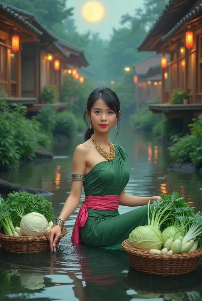 A beautiful 1 Thai-Japanese girl named Nan. She wore a green Thai dress draped from her right shoulder to her left waist, and a pink sarong. She wore a gold necklace and belt, and silver bracelets on both wrists. She sat in a stream washing lettuce, cabbage, turnips, and cucumbers in baskets woven from bamboo. On both sides were raised houses made of wood, lit at night under the moonlight.