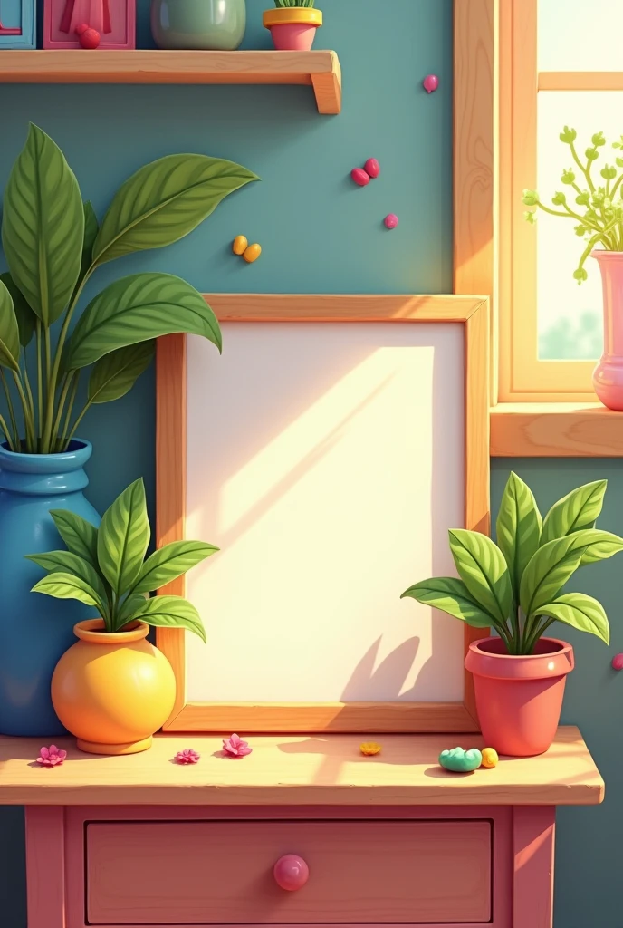 an empty picture frame on a night stand with a vase with greens, in a kids room, colorful
