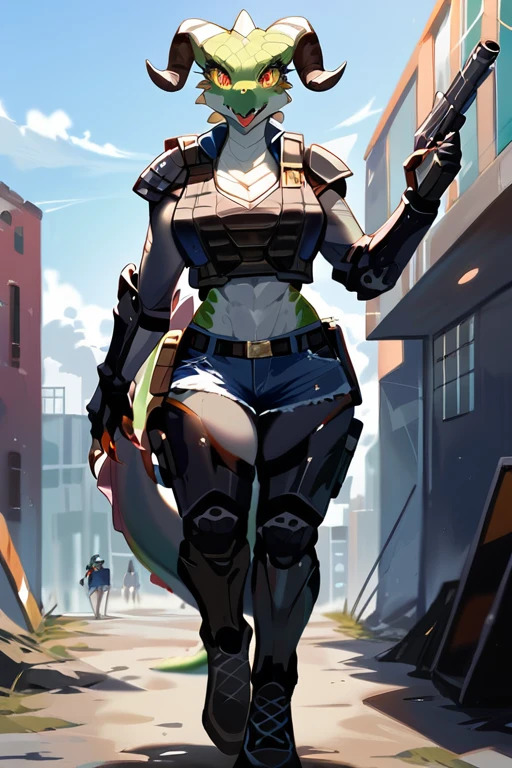 (4k), (best quality, 8k, highres, masterpiece:1.2), ultra-detailed, (realistic, photorealistic, photo-realistic:1.37), (beautiful detailed eyes, beautiful detailed lips, extremely detailed eyes and face, long eyelashes), 1girl, anthro reptile girl, green scaled skin, gold eyes, black lips, black horns, black ram horns, athletic body, smiling, walking in a ruined city, holding a rusty gun, wearing bodyarmor, bulletproof vest, blue jean shorts and a blue tank top, intimidating woman, monstergirl, commission for high res, female dragonborn, well designed female dragon head, anthro lizard, female fursona, (diamond pupils), (large eyes), kemono style, score_9, score_8_up, score_7_up