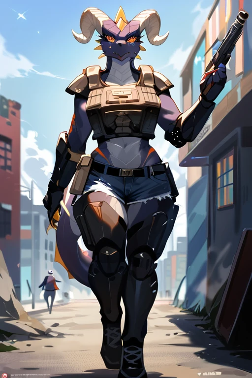 (4k), (best quality, 8k, highres, masterpiece:1.2), ultra-detailed, (realistic, photorealistic, photo-realistic:1.37), (beautiful detailed eyes, beautiful detailed lips, extremely detailed eyes and face, long eyelashes), 1girl, anthro reptile girl, green scaled skin, gold eyes, black lips, black horns, black ram horns, athletic body, smiling, walking in a ruined city, holding a rusty gun, wearing bodyarmor, bulletproof vest, blue jean shorts and a blue tank top, intimidating woman, monstergirl, commission for high res, female dragonborn, well designed female dragon head, anthro lizard, female fursona, (diamond pupils), (large eyes), kemono style, score_9, score_8_up, score_7_up