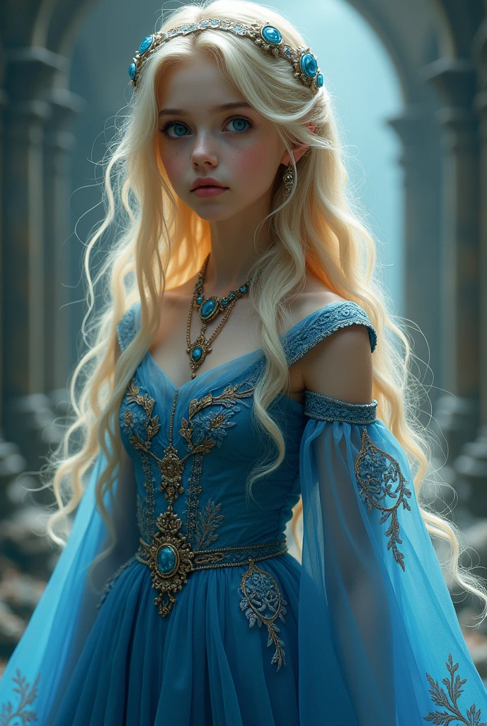 Girl  , ((( blue dress), flowers, jewelry, long sleeves, wide sleeves, elf clothing, , embroidery, long skirt, long flowing blond hair, detailed face, detailed beautiful eyes, (intricate:1.3), (arcane aura:1.2), (dreamlike:1.3), (subtle mist:1.1),(vibrant colors:1.2), (detailed hair:1.3), (ultra realistic details:1.5),