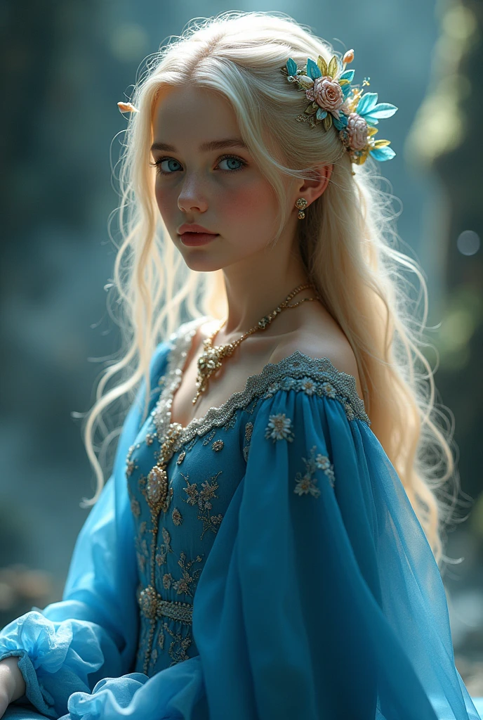 Girl  , ((( blue dress), flowers, jewelry, long sleeves, wide sleeves, elf clothing, , embroidery, long skirt, long flowing blond hair, detailed face, detailed beautiful eyes, (intricate:1.3), (arcane aura:1.2), (dreamlike:1.3), (subtle mist:1.1),(vibrant colors:1.2), (detailed hair:1.3), (ultra realistic details:1.5),